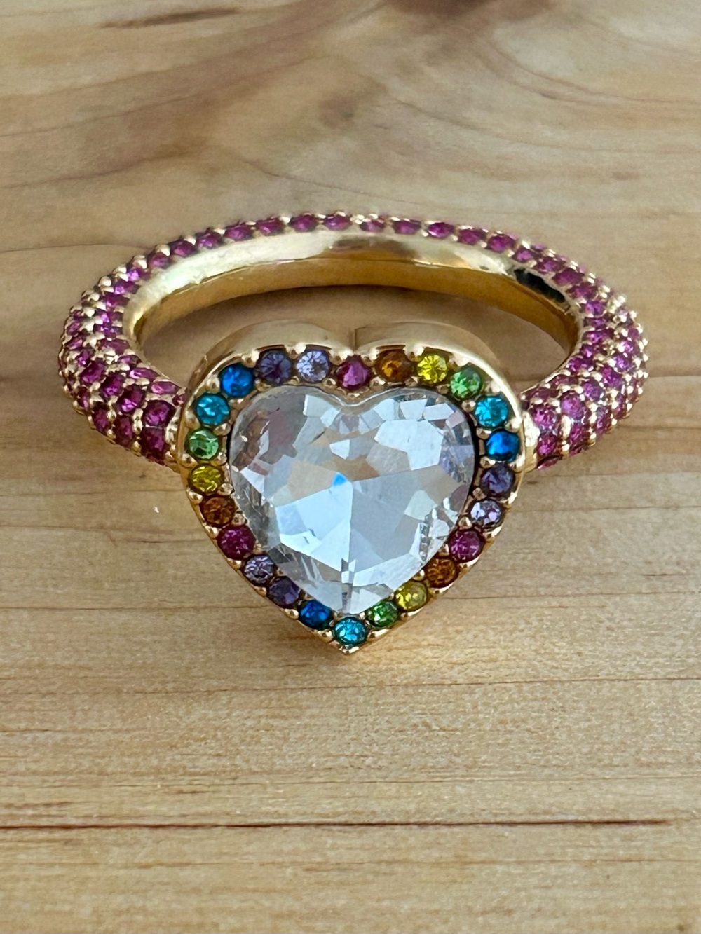 Kurt Geiger London Crystal Heart Rainbow Cocktail Ring sz 9